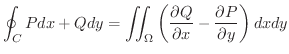 $\displaystyle \oint_{C}Pdx + Q dy = \iint_{\Omega}\left (\frac{\partial Q}{\partial x} - \frac{\partial P}{\partial y}\right ) dx dy $