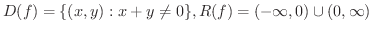 $\displaystyle{D(f) = \{(x,y): x+y \neq 0\}, R(f) = (-\infty,0) \cup (0,\infty)}$