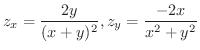 $\displaystyle{z_{x} = \frac{2y}{(x+y)^{2}}, z_{y} = \frac{-2x}{x^{2} + y^{2}}}$
