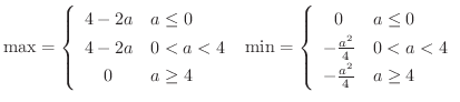 $\displaystyle{\max = \left\{\begin{array}{cl}
4-2a & a \leq 0\\
4-2a & 0 < a...
... -\frac{a^2}{4} & 0 < a < 4\\
-\frac{a^2}{4} & a \geq 4
\end{array} \right.}$
