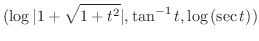 $\displaystyle{(\log{\vert 1 + \sqrt{1+t^2}\vert}, \tan^{-1}{t}, \log{(\sec{t})})}$