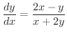 $\displaystyle{\frac{dy}{dx} = \frac{2x-y}{x+2y}}$