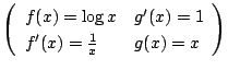 $\displaystyle \left(\begin{array}{ll}
f(x) = \log{x} & g'(x) = 1\\
f'(x) = \frac{1}{x} & g(x) = x
\end{array}\right)$