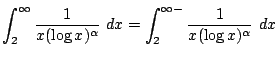$\displaystyle \int_{2}^{\infty}\frac{1}{x(\log{x})^{\alpha}} dx = \int_{2}^{\infty-}\frac{1}{x(\log{x})^{\alpha}} dx$