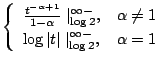 $\displaystyle \left\{\begin{array}{ll}
\frac{t^{-\alpha + 1}}{1 - \alpha} \mid_...
...\\
\log{\vert t\vert}\mid_{\log{2}}^{\infty-}, & \alpha = 1
\end{array}\right.$
