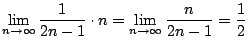 $\displaystyle \lim_{n \to \infty}\frac{1}{2n-1}\cdot n = \lim_{n \to \infty}\frac{n}{2n-1} = \frac{1}{2}$