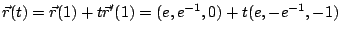 $\displaystyle \vec{r}(t) = \vec{r}(1) + t\vec{r}'(1) = (e,e^{-1},0) + t(e,-e^{-1},-1)$