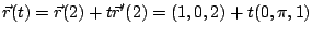 $\displaystyle \vec{r}(t) = \vec{r}(2) + t\vec{r}'(2) = (1,0,2) + t(0,\pi,1)$