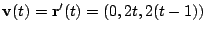 $\displaystyle {\bf v}(t) = {\bf r}'(t) = ( 0,2t,2(t-1))$