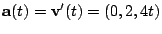 $\displaystyle {\bf a}(t) = {\bf v}'(t) = (0,2,4t)$