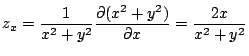$\displaystyle z_{x} = \frac{1}{x^2 + y^2}\frac{\partial(x^2 + y^2)}{\partial x} = \frac{2x}{x^2 + y^2}$