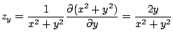 $\displaystyle z_{y} = \frac{1}{x^2 + y^2}\frac{\partial(x^2 + y^2)}{\partial y} = \frac{2y}{x^2 + y^2}$