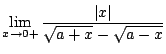 $\displaystyle \lim_{x \to 0+} \frac{\vert x\vert}{\sqrt{a+x} - \sqrt{a - x}}$