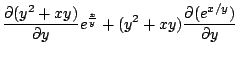 $\displaystyle \frac{\partial (y^2 + xy)}{\partial y}e^{\frac{x}{y}} + (y^2 + xy)\frac{\partial (e^{x/y})}{\partial y}$