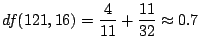 $\displaystyle df(121,16) = \frac{4}{11} + \frac{11}{32} \approx 0.7$