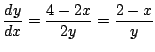 $\displaystyle \frac{dy}{dx} = \frac{4-2x}{2y} = \frac{2-x}{y}$