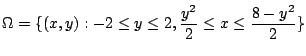 $\displaystyle \Omega = \{(x,y) : -2 \leq y \leq 2, \frac{y^2}{2} \leq x \leq \frac{8-y^2}{2} \}$
