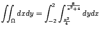 $\displaystyle \iint_{\Omega}dx dy = \int_{-2}^{2}\int_{\frac{x^2}{4}}^{\frac{8}{x^2 + 4}} dy dx$