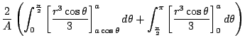 $\displaystyle \frac{2}{A} \left(\int_{0}^{\frac{\pi}{2}}\left[\frac{r^3 \cos{\t...
...rac{\pi}{2}}^{\pi}\left[\frac{r^3 \cos{\theta}}{3}\right]_{0}^{a}d\theta\right)$