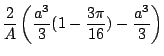$\displaystyle \frac{2}{A}\left(\frac{a^3}{3}(1 - \frac{3\pi}{16}) - \frac{a^3}{3}\right)$