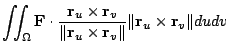 $\displaystyle \iint_{\Omega}{\bf F} \cdot \frac{{\bf r}_{u} \times {\bf r}_{v}}...
...f r}_{u} \times {\bf r}_{v}\Vert}\Vert{\bf r}_{u} \times {\bf r}_{v}\Vert du dv$