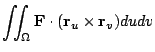 $\displaystyle \iint_{\Omega}{\bf F}\cdot ({\bf r}_{u} \times {\bf r}_{v}) du dv$