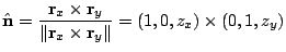 $\displaystyle {\hat{\bf n}} = \frac{{\bf r}_{x} \times {\bf r}_{y}}{\Vert{\bf r}_{x} \times {\bf r}_{y}\Vert} = (1,0,z_{x}) \times (0,1,z_{y})$