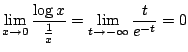 $ \displaystyle{\lim_{x \to 0} \frac{\log{x}}{\frac{1}{x}} = \lim_{t \to - \infty} \frac{t}{e^{-t}} = 0}$