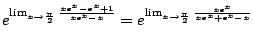 $\displaystyle e^{\lim_{x \to \frac{\pi}{2}}\frac{xe^{x} - e^{x} + 1}{xe^x - x}} = e^{\lim_{x \to \frac{\pi}{2}}\frac{xe^{x}}{xe^x + e^x - x}}$
