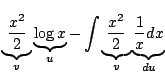 $\displaystyle \underbrace{\frac{x^2}{2}}_{v} \underbrace{\log{x}}_{u} - \int \underbrace{\frac{x^2}{2}}_{v} \underbrace{\frac{1}{x} dx}_{du}$