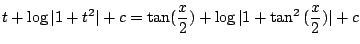 $\displaystyle t + \log{\vert 1 + t^2\vert} + c = \tan(\frac{x}{2}) + \log{\vert 1 + \tan^{2}{(\frac{x}{2})}\vert} + c$