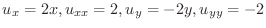 $u_{x} = 2x, u_{xx} = 2, u_{y} = -2y, u_{yy} = -2$