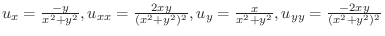 $u_{x} = \frac{-y}{x^2 + y^2}, u_{xx} = \frac{2xy}{(x^2 + y^2)^2}, u_{y} = \frac{x}{x^2 + y^2}, u_{yy} = \frac{-2xy}{(x^2 + y^2)^2}$