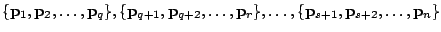 $ \{{\bf p}_{1},{\bf p}_{2},\ldots,{\bf p}_{q}\},\{{\bf p}_{q+1},{\bf p}_{q+2},\ldots,{\bf p}_{r}\},\ldots,\{{\bf p}_{s+1},{\bf p}_{s+2},\ldots,{\bf p}_{n}\}$