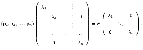$\displaystyle ({\bf p}_{1},{\bf p}_{2},\ldots,{\bf p}_{n})\left(\begin{array}{c...
...in{array}{ccc}
\lambda_{1}&&0\\
&\ddots&\\
0&&\lambda_{n}
\end{array}\right).$