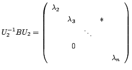 $\displaystyle U_{2}^{-1}BU_{2} = \left(\begin{array}{rrrrr}
\lambda_{2}&&&&\\
&\lambda_{3}&&*&\\
&&\ddots&&\\
&0&&&\\
&&&&\lambda_{n}
\end{array}\right) $