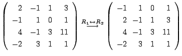 $\displaystyle \left(\begin{array}{rrrr}
2&-1&1&3\\
-1&1&0&1\\
4&-1&3&11\\
-2...
...1&\!\!1&0&1\\
2&\!\!-1&1&3\\
4&\!\!-1&3&11\\
-2&\!\!3&1&1
\end{array}\right)$