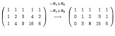 $\displaystyle \left(\begin{array}{rrrrr}
1&1&1&1&1\\
1&2&3&4&2\\
1&4&9&16&6
\...
...t(\begin{array}{rrrrr}
1&1&1&1&1\\
0&1&2&3&1\\
0&3&8&15&5
\end{array}\right )$
