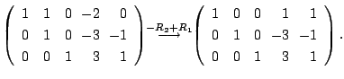 $\displaystyle \left(\begin{array}{rrrrr}
1&1&0&\!\!-2&\!\!0\\
0&1&0&\!\!-3&\!\...
...0&\!\!1&\!\!1\\
0&1&0&\!\!-3&\!\!-1\\
0&0&1&\!\!3&\!\!1
\end{array}\right ) .$