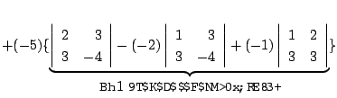 $ + (-5)\{\underbrace{\left\vert\begin{array}{rr}
2&3\\
3&-4
\end{array}\right\...
...ay}{rr}
1&2\\
3&3
\end{array}\right\vert}_{\mbox{第1行についての余因子展開}}\}$