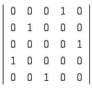 $\displaystyle \left\vert\begin{array}{rrrrr}
0&0&0&1&0\\
0&1&0&0&0\\
0&0&0&0&1\\
1&0&0&0&0\\
0&0&1&0&0
\end{array}\right\vert$