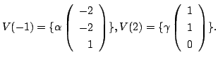 $\displaystyle V(-1) = \{\alpha \left(\begin{array}{r}
-2\\
-2\\
1
\end{array}...
...}, V(2) = \{\gamma \left(\begin{array}{r}
1\\
1\\
0
\end{array}\right ) \} . $
