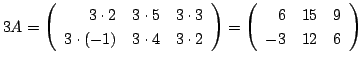 $ 3A = \left ( \begin{array}{rrr}
3 \cdot 2 & 3 \cdot 5 & 3 \cdot 3\\
3 \cdot (...
...{array}\right ) = \left(\begin{array}{rrr}
6&15&9\\
-3&12&6
\end{array}\right)$