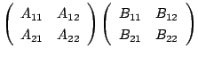 $\displaystyle \left(\begin{array}{cc}
A_{11} & A_{12}\\
A_{21} & A_{22}
\end{a...
...t)\left(\begin{array}{cc}
B_{11} & B_{12}\\
B_{21} & B_{22}
\end{array}\right)$
