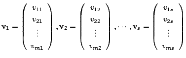 $\displaystyle {\bf v}_{1} = \left(\begin{array}{c}
v_{11}\\
v_{21}\\
\vdots\\...
...\left(\begin{array}{c}
v_{1s}\\
v_{2s}\\
\vdots\\
v_{ms}
\end{array}\right) $