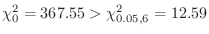 $\chi_{0}^{2} = 367.55 > \chi_{0.05, 6}^{2} = 12.59$