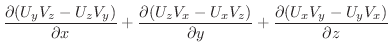 $\displaystyle \frac{\partial(U_{y}V_{z} - U_{z}V_{y})}{\partial x} + \frac{\par...
...U_{x}V_{z})}{\partial y} + \frac{\partial(U_{x}V_{y} - U_{y}V_{x})}{\partial z}$