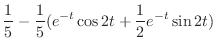 $\displaystyle \frac{1}{5} -\frac{1}{5}(e^{-t}\cos{2t}+\frac{1}{2}e^{-t}\sin{2t})$