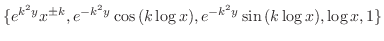 $\displaystyle \{e^{k^{2}y}x^{\pm k}, e^{-k^{2}y}\cos{(k \log{x})}, e^{-k^{2}y}\sin{(k \log{x})}, \log{x}, 1 \}$