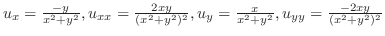 $u_{x} = \frac{-y}{x^2 + y^2}, u_{xx} = \frac{2xy}{(x^2 + y^2)^2}, u_{y} = \frac{x}{x^2 + y^2}, u_{yy} = \frac{-2xy}{(x^2 + y^2)^2}$